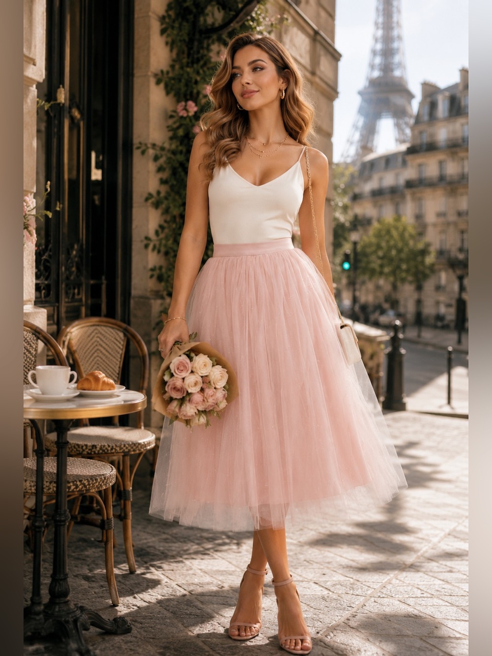 Blush Pink Tulle Midi Skirt Pearl Detail Elegant Romantic Luxe High End